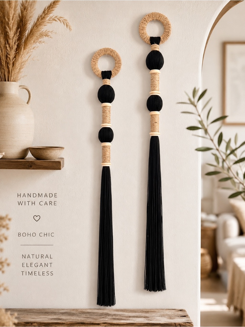 Handmade Boho Black 50” Long Tassel Wall Hanging Set - Unbranded